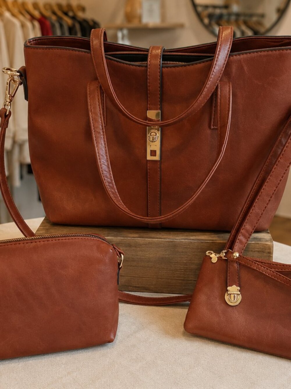 Aillosa Trio Hand Purse Cross Body Tote Bag Women's Tan PU Leather Purse Lot 3